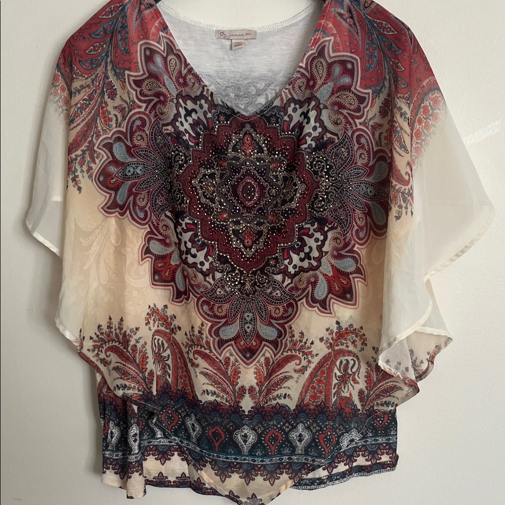Chic Bohemian Women's Blouse in Red and Cream - Picture 2 of 7